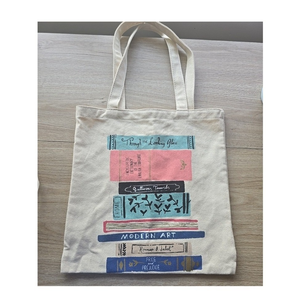 Kate Spade Book Stack Canvas Tote Bag Literary Print reusable bag eco-friendly